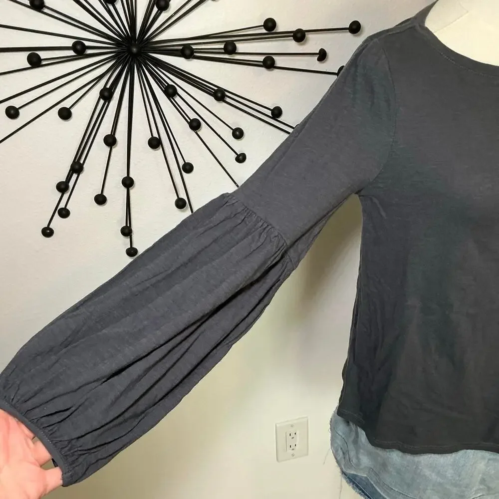 LOFT Gray Balloon Sleeve Knit Top Size Small Long Sleeve Crew Neck Blouse